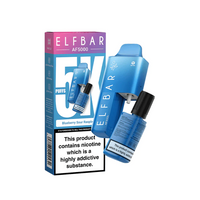 Elf Bar AF5000 vape in Blueberry Sour Raspberry flavour, shown with packaging and e-liquid bottle.