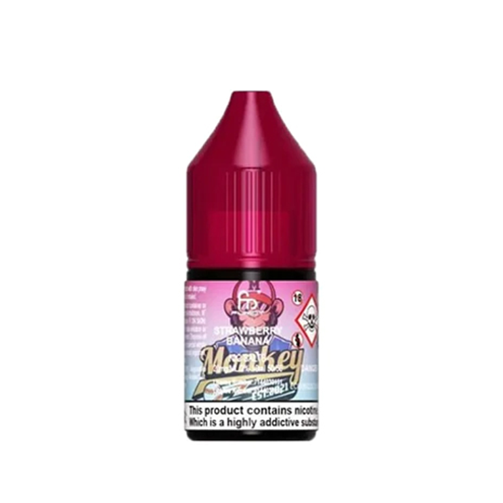 Red bottle of Strawberry Banana Monkey vape juice with colourful branding.