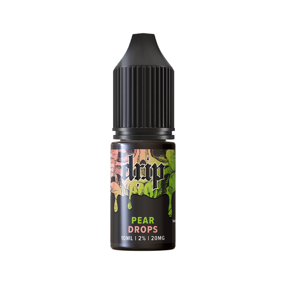 A bottle of Drip Pear Drops e-liquid, 10ml, 20mg, with a black cap and colourful label.