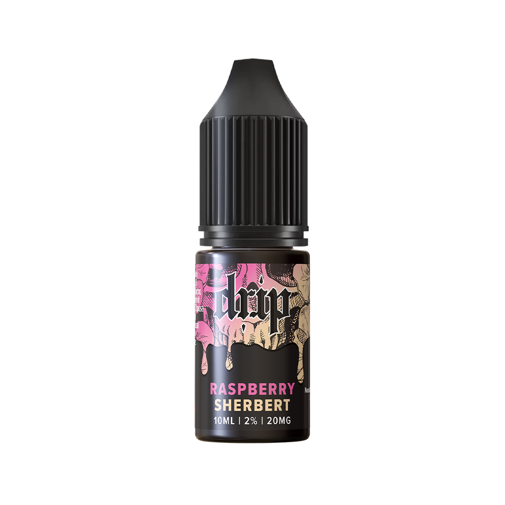 Drip Raspberry Sherbert vape juice bottle, 10ml, with a colourful label design.