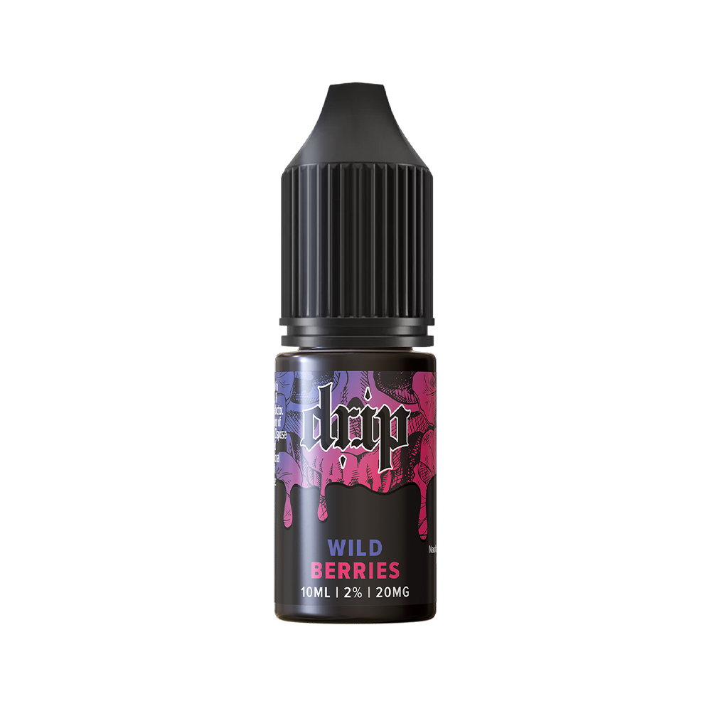 Drip Wild Berries vape juice bottle, 10ml, black cap, colourful label design.