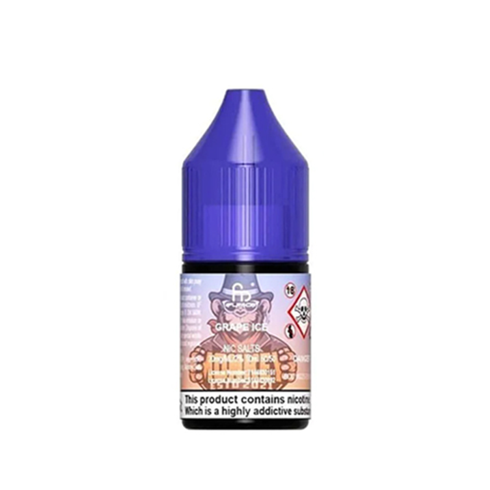 A bottle of Dr Vapes Grape Ice Nic Salts e-liquid with a purple cap and branded label.