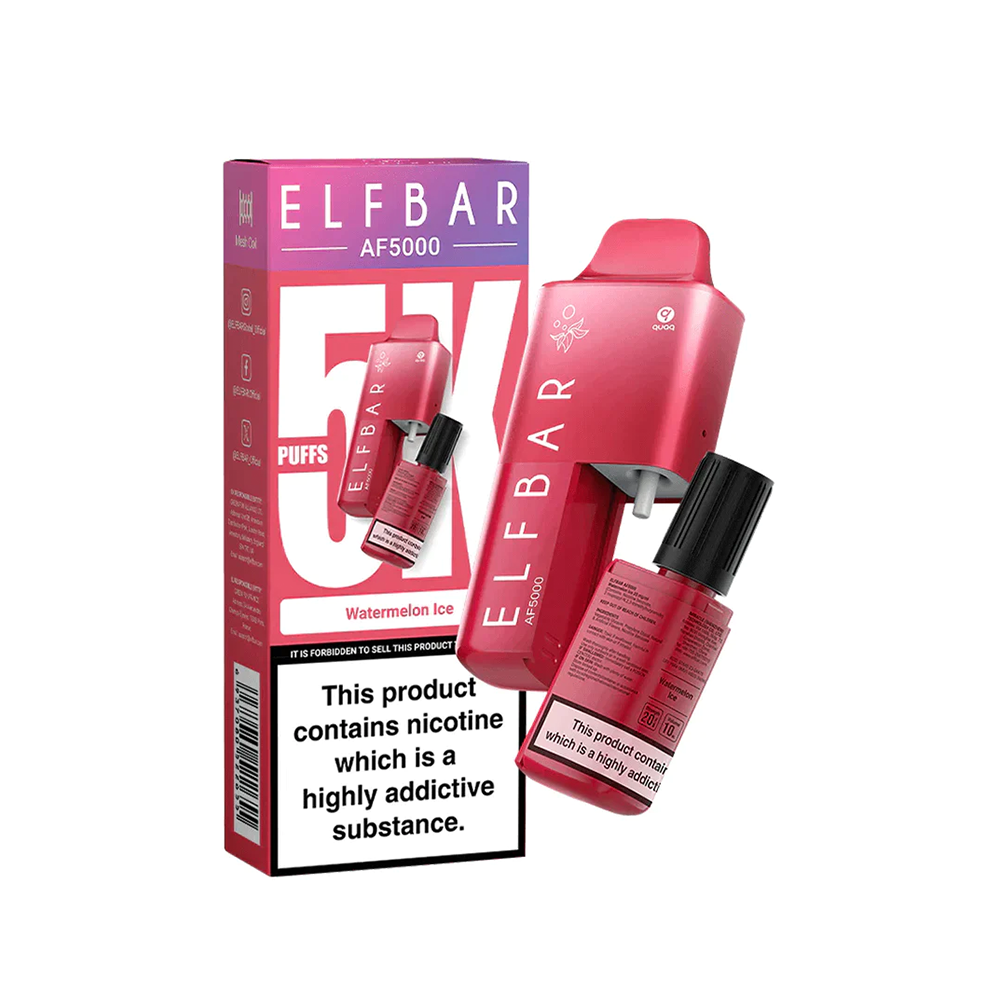 Elf Bar AF5000 Watermelon Ice vape packaging and device with nicotine warning label.