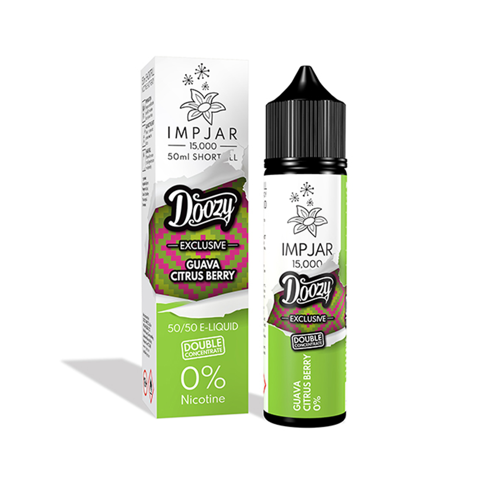 Doozy Imp Jar Guava Citrus Berry e-liquid bottle and box, 50ml, 0% nicotine.