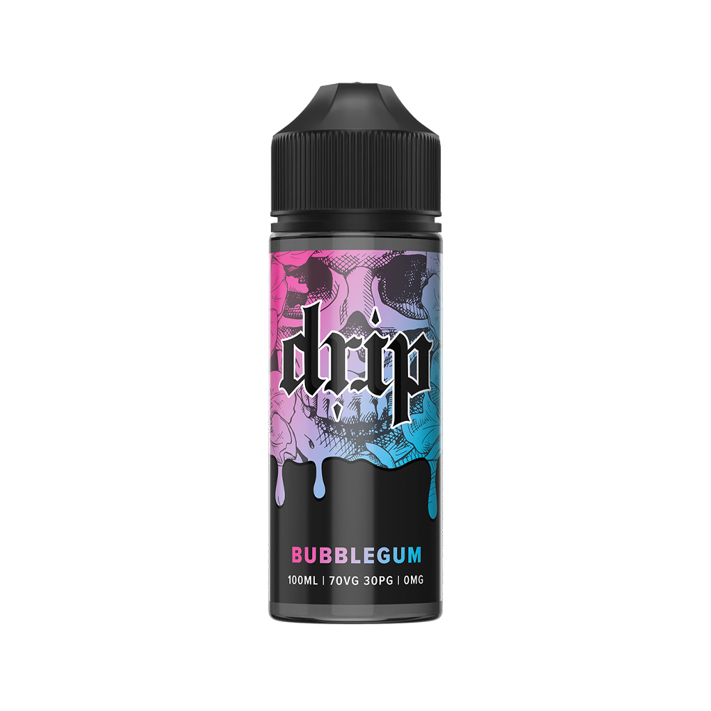 Drip e-liquid bottle with bubblegum flavour, 100ml, black and colourful label design.