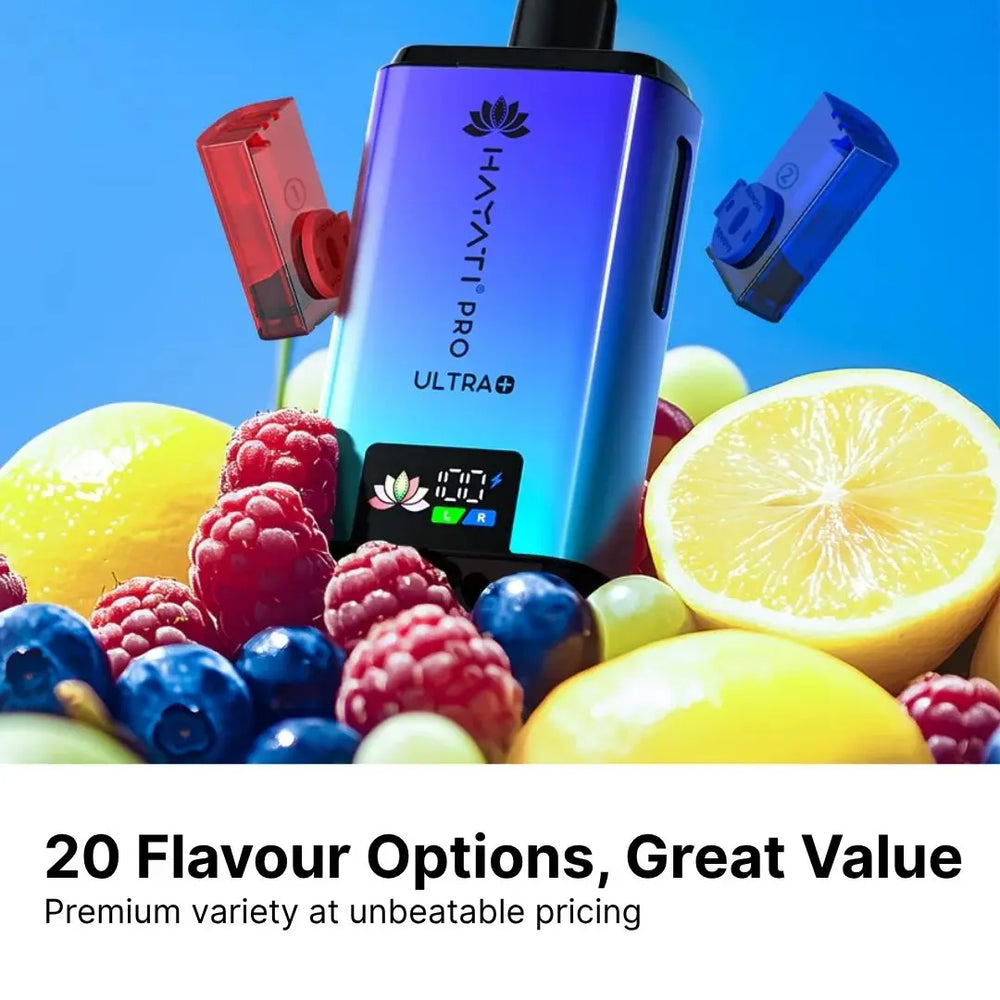Hayati Pro Ultra Plus 25000 vape kit with 20 flavour options surrounded by fresh fruits including berries, lemon and blueberries showing premium variety at great value