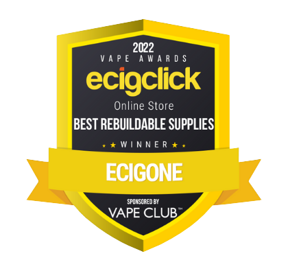 Award badge for Ecigone, winner of 2022 Ecigclick Best Rebuildable Supplies, sponsored by Vape Club.