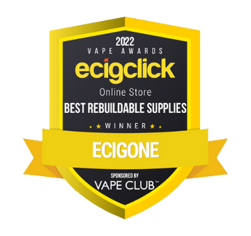 Award badge for Ecigone, winner of 2022 Ecigclick Best Rebuildable Supplies, sponsored by Vape Club.