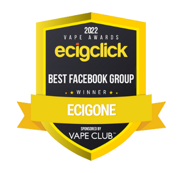 Award badge for Ecigone, 2022 Ecigclick Best Facebook Group, sponsored by Vape Club.