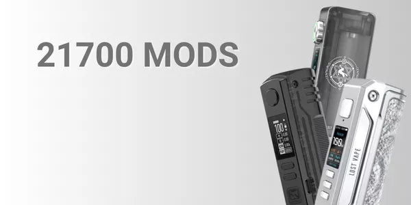 High-power vape mods compatible with 21700 batteries, featuring the Lost Vape Thelema Solo and Centaurus models in silver and black finishes.