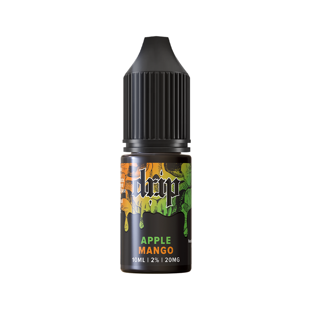 A 10ml bottle of Drip e-liquid, Apple Mango flavour, with a black cap and vibrant label design.