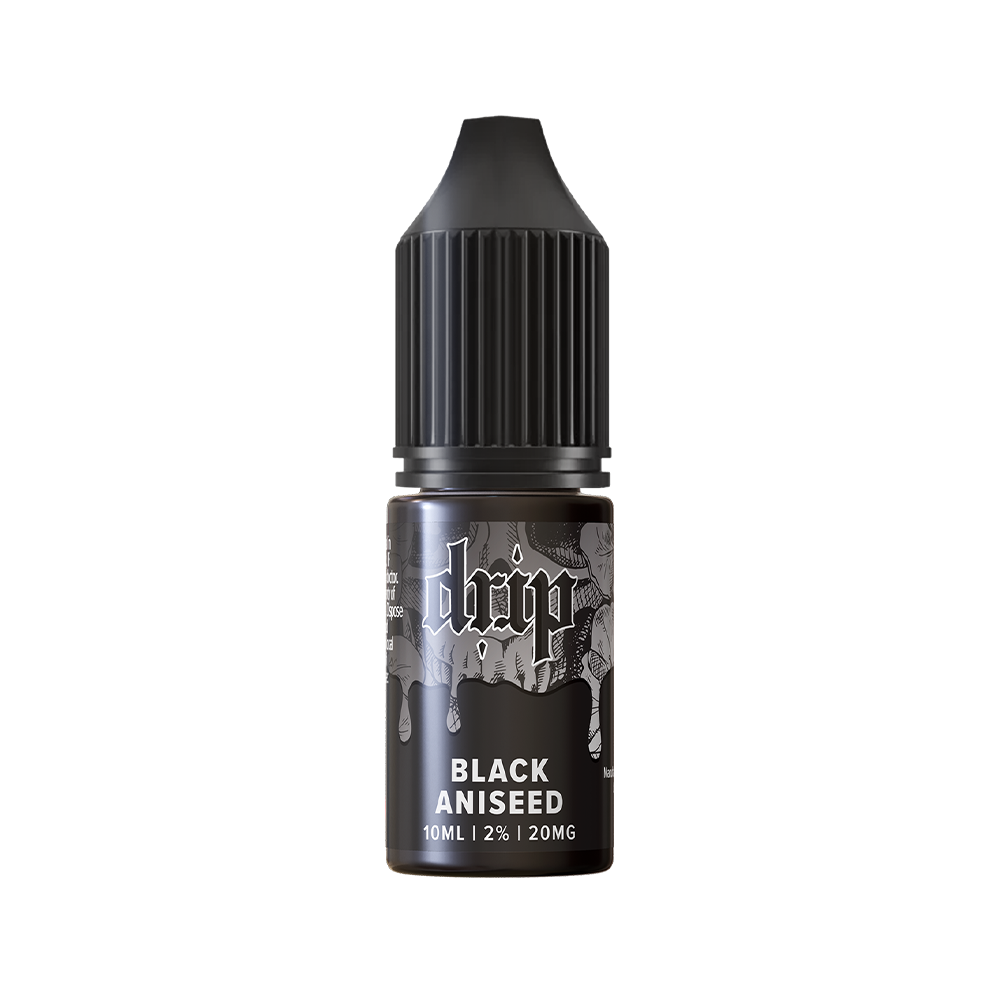 Drip Black Aniseed 10ml e-liquid bottle with black label and dropper cap.