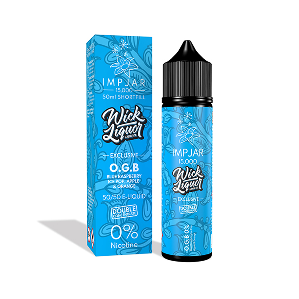 Wick Liquor O.G.B 50ml shortfill e-liquid bottle and box, featuring blue raspberry and apple design.