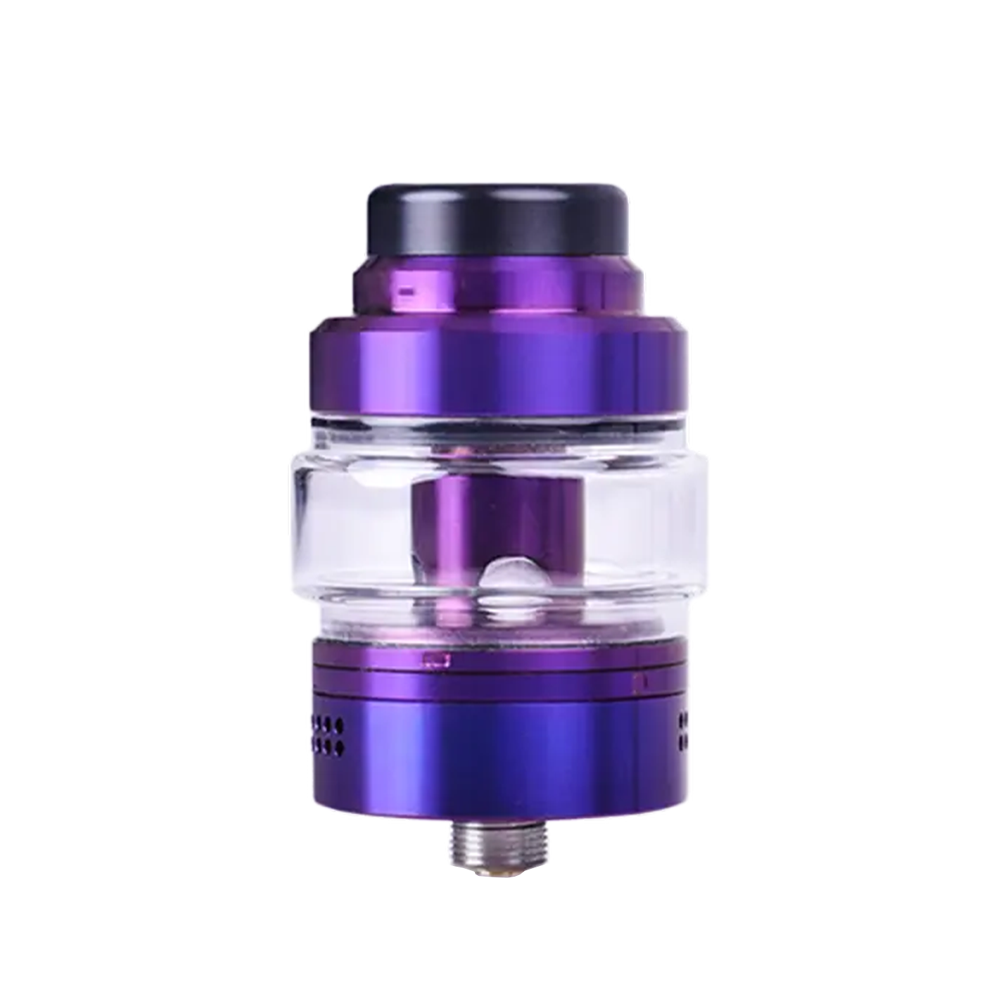 Purple vape tank with clear glass chamber and adjustable airflow, featuring a sleek design.