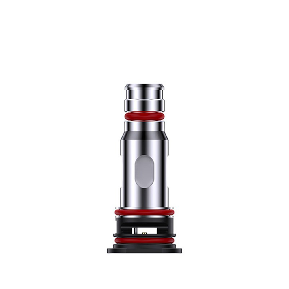 Vaporesso GTX coil with stainless steel finish and red O-rings, isolated on a white background.