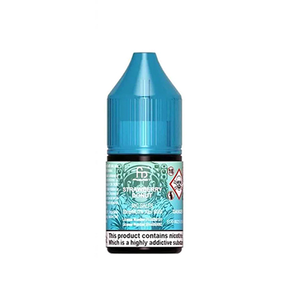 A bottle of Strawberry Donut e-liquid with a blue cap and nicotine warning label.