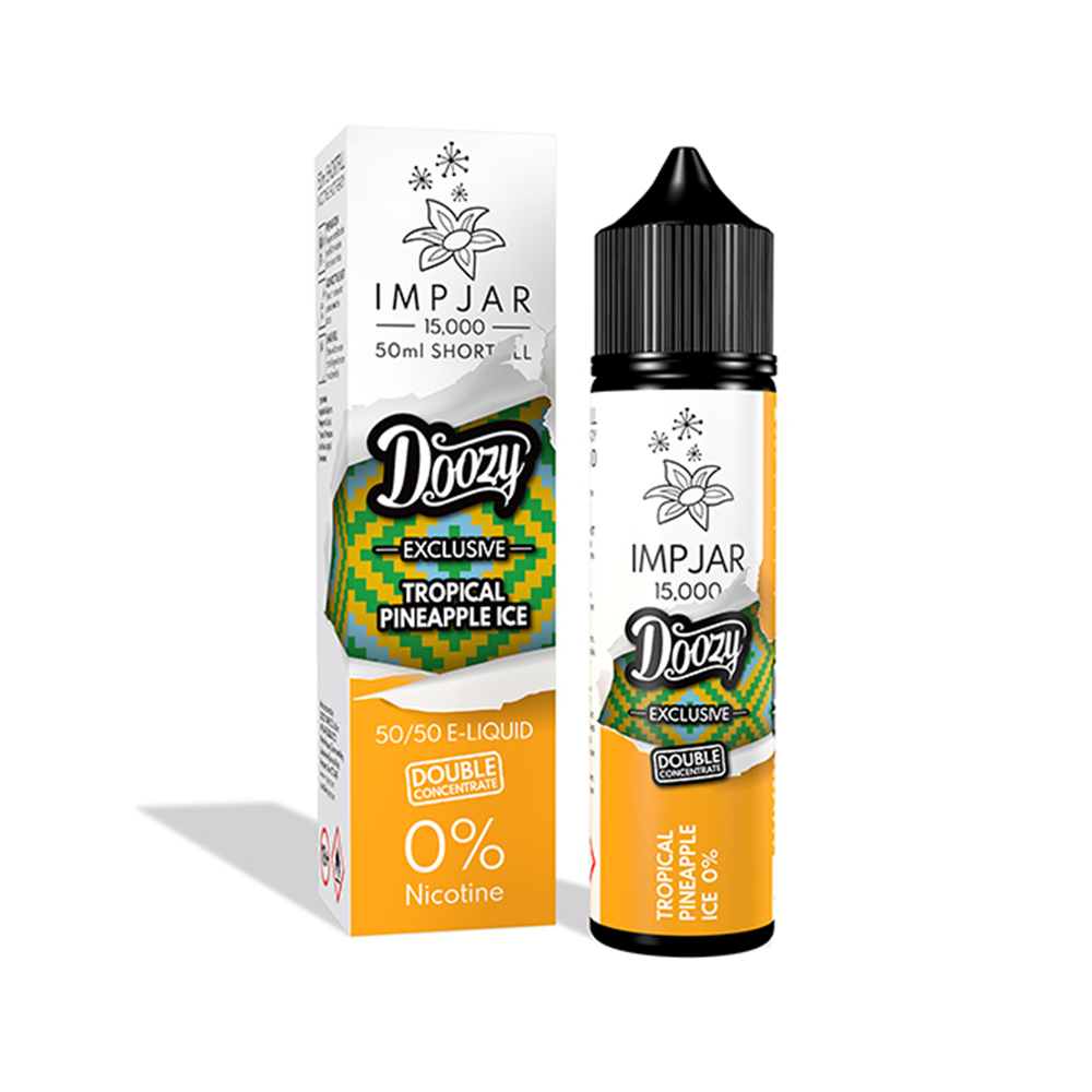 Doozy Imp Jar Tropical Pineapple Ice e-liquid bottle and box, 50ml, 0% nicotine.