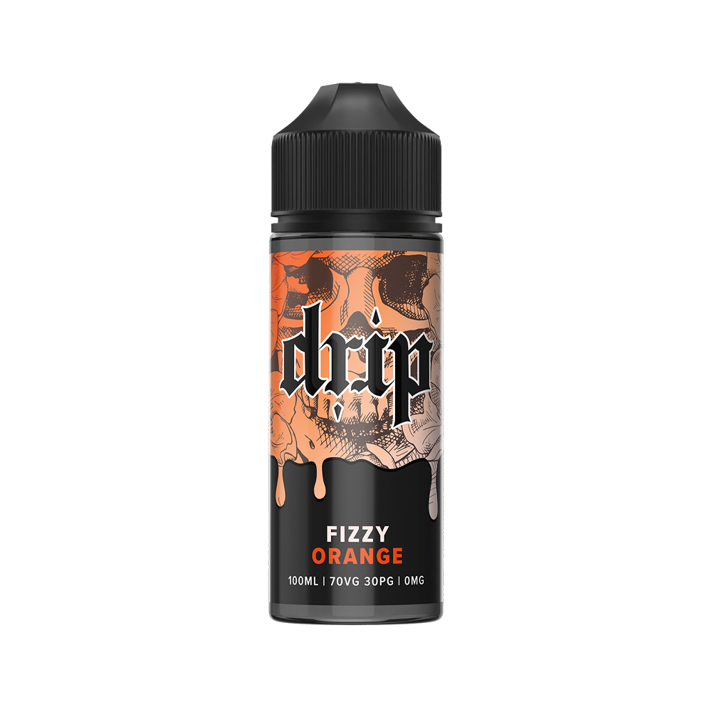 Drip e-liquid bottle with Fizzy Orange flavour, 100ml, 70VG/30PG, 0mg nicotine.