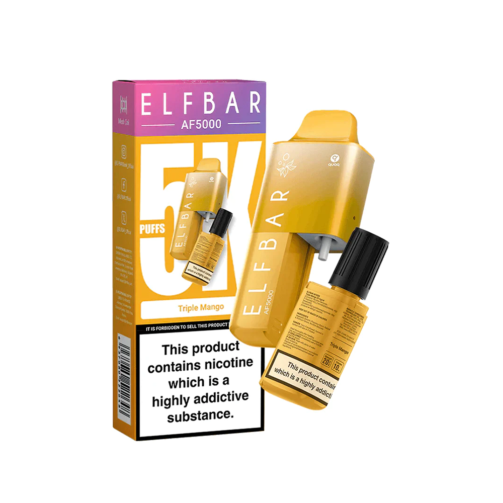 Elf Bar AF5000 vape in Triple Mango flavour with packaging displayed.