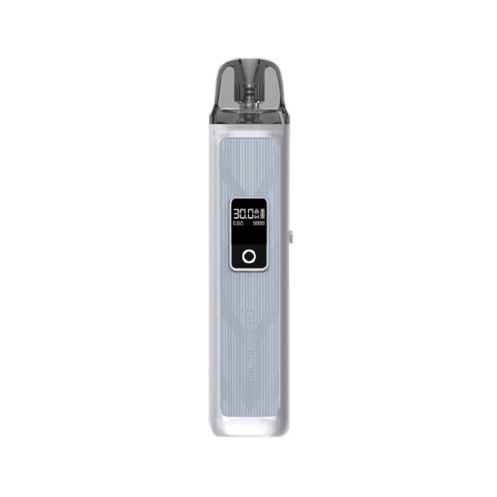 Sleek grey Vaporesso XROS 3 Mini vape device with digital display on a white background.