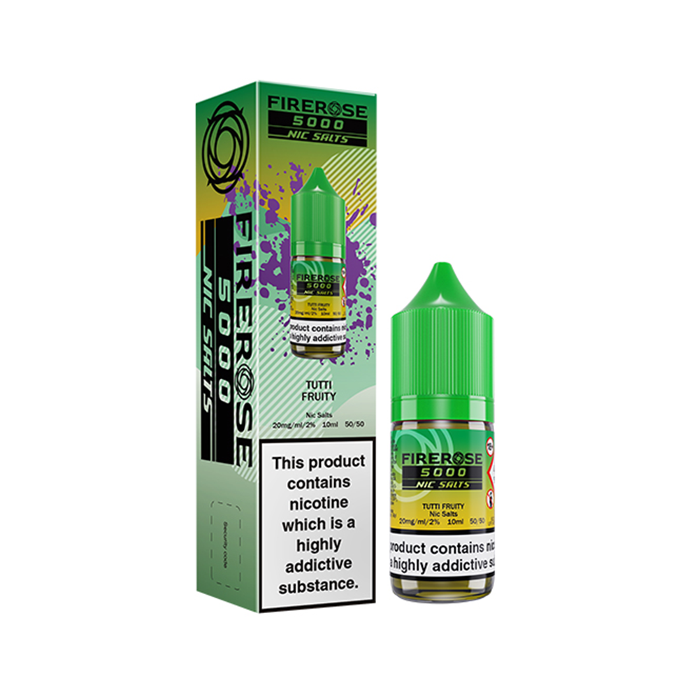 FireRose 5000 Nic Salts, Tutti Fruity flavour, with box and green-capped bottle.