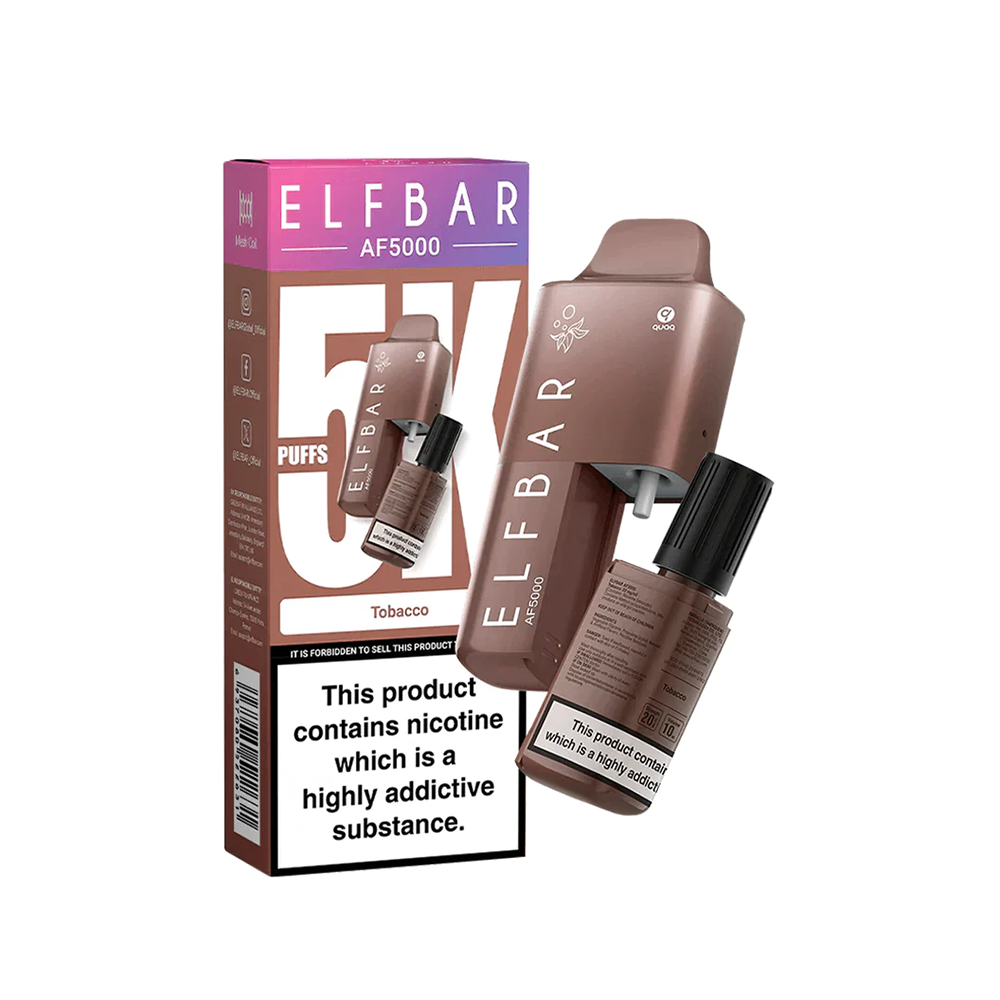 Elf Bar AF5000 vape in tobacco flavour with packaging, highlighting 5000 puffs and nicotine warning.