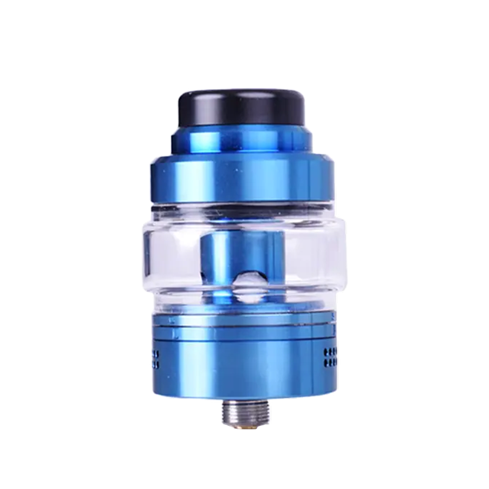 Blue vape tank with clear glass chamber and metallic accents.