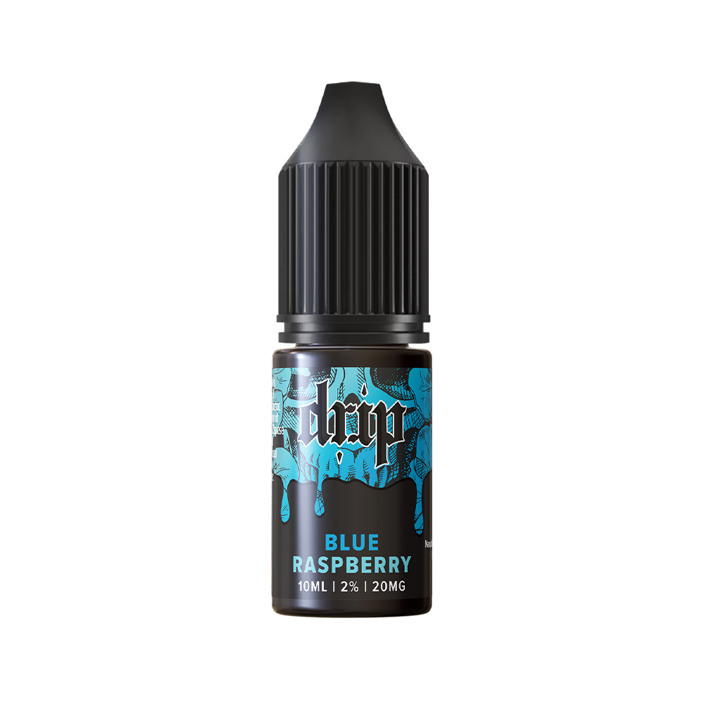 Drip Blue Raspberry e-liquid bottle, 10ml, with a black cap and blue label design.