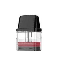 Vaporesso pod cartridge with a black cap and red base, transparent body.