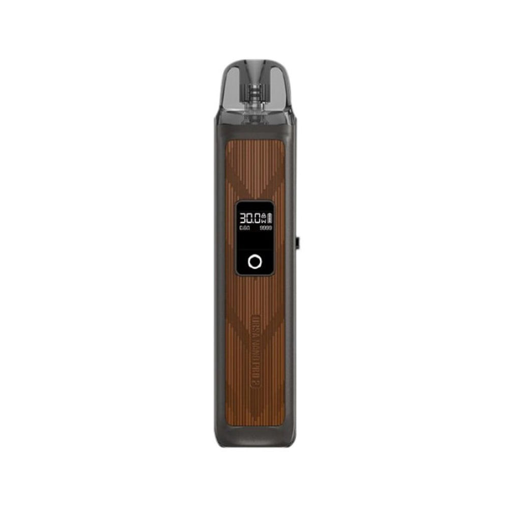 Vaporesso LUXE PM40 vape pod with a wood-grain design and digital display.