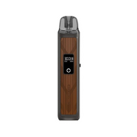 Vaporesso LUXE PM40 vape pod with a wood-grain design and digital display.