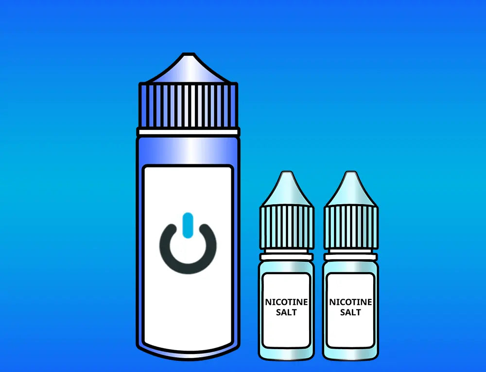 Illustration of a vape bottle and two nicotine salt bottles on a blue gradient background