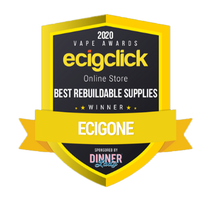 Award badge for Ecigone, winner of Best Rebuildable Supplies 2020 by Ecigclick, sponsored by Dinner Lady.