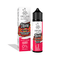 Doozy Imp Jar Pineapple Peach Strawberry e-liquid bottle and box with 0% nicotine label.