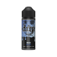 Drip Mad Blue e-liquid bottle, 100ml, black cap, blue label with graffiti-style text.