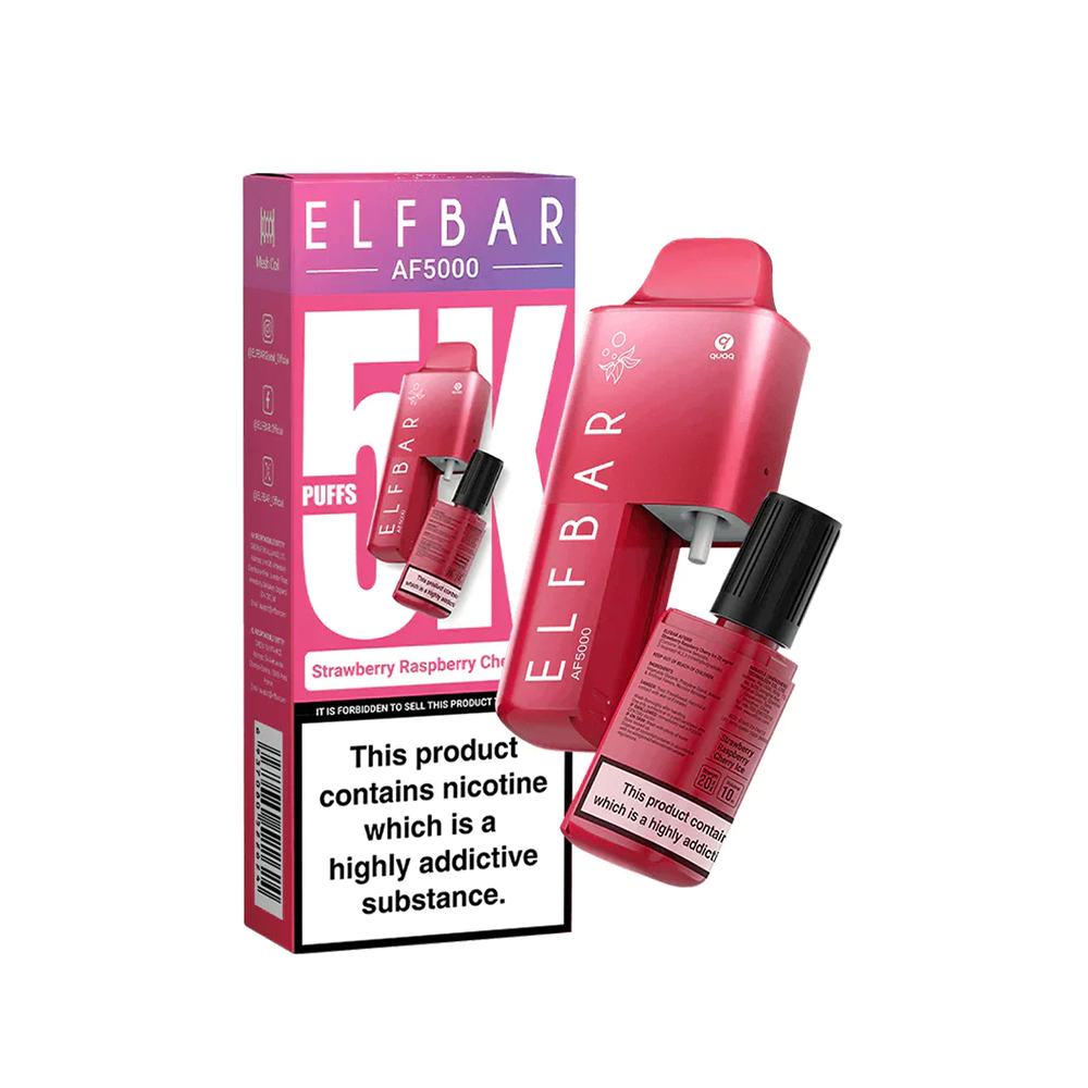 Elf Bar AF5000 in Strawberry Raspberry Cherry flavour, with packaging and nicotine warning label.