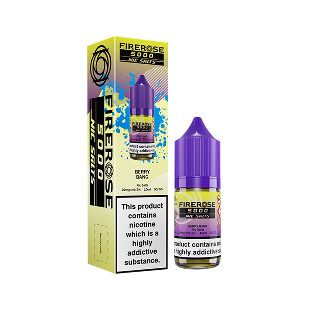 Firerose 5000 Berry Bang e-liquid box and bottle with a nicotine warning label.