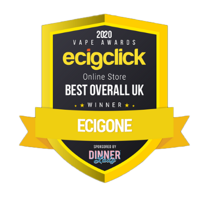 Award badge for Ecigone, Best Overall UK Online Store 2020 by Ecigclick, sponsored by Dinner Lady.