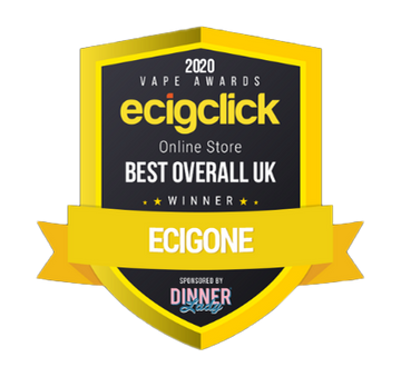 Award badge for Ecigone, Best Overall UK Online Store 2020 by Ecigclick, sponsored by Dinner Lady.