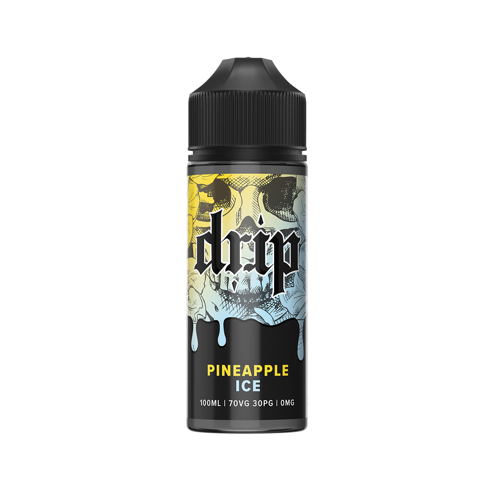 Bottle of Drip Pineapple Ice e-liquid, 100ml, with a black cap and colourful label design.