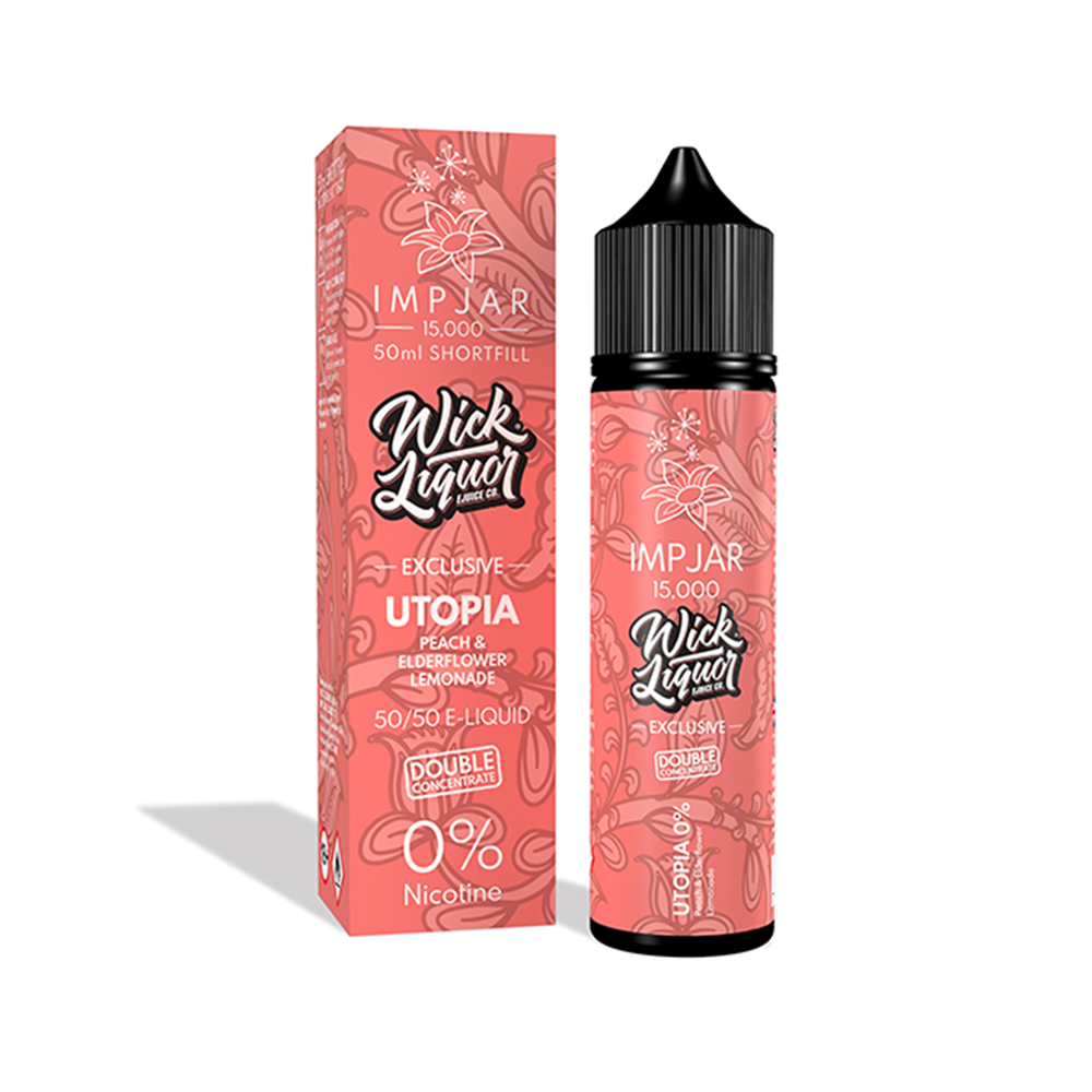 Wick Liquor Utopia e-liquid bottle and box, peach and elderflower lemonade flavour, 0% nicotine.