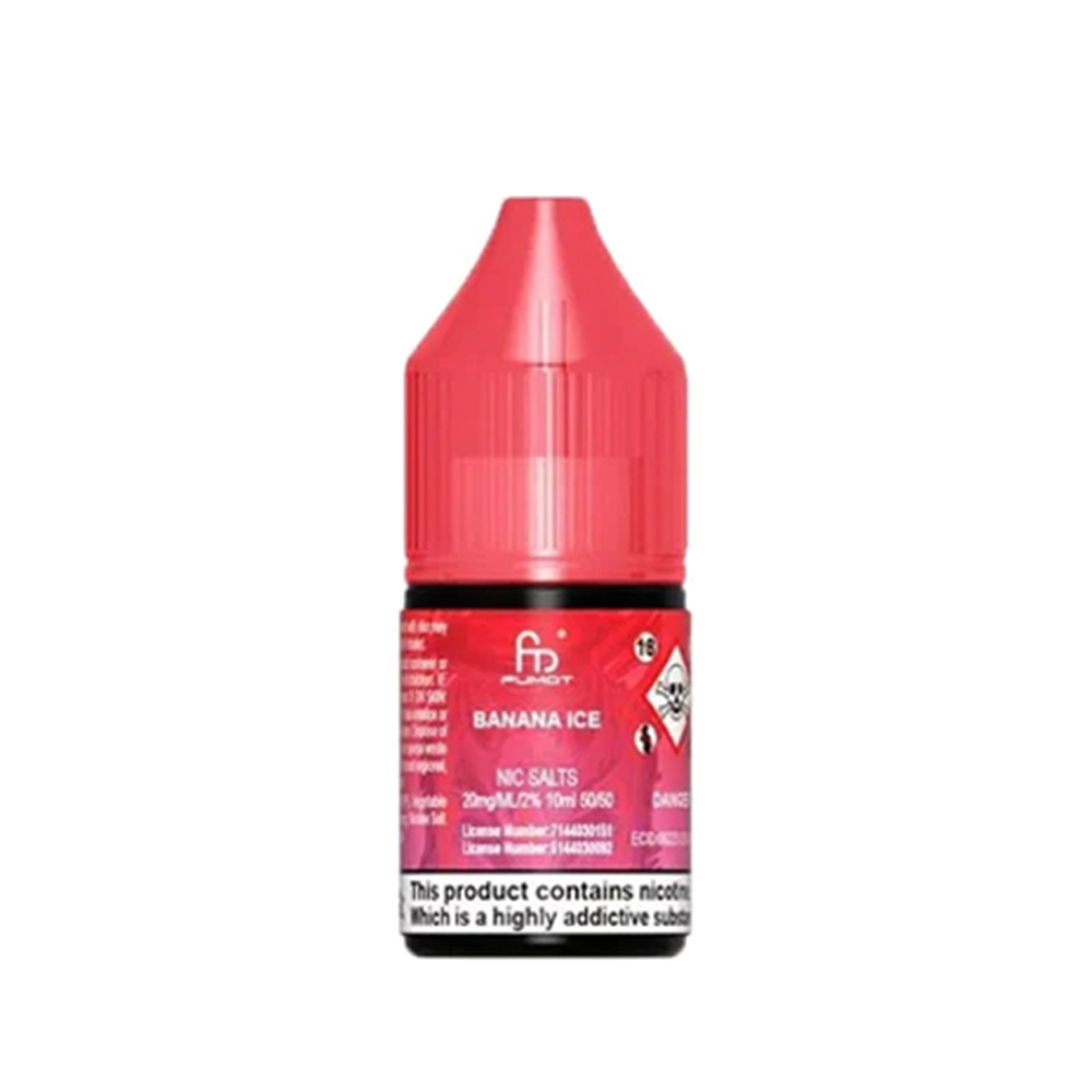 Red bottle of Pod Salt Banana Ice nicotine salts e-liquid, 20mg, 10ml, with warning label.