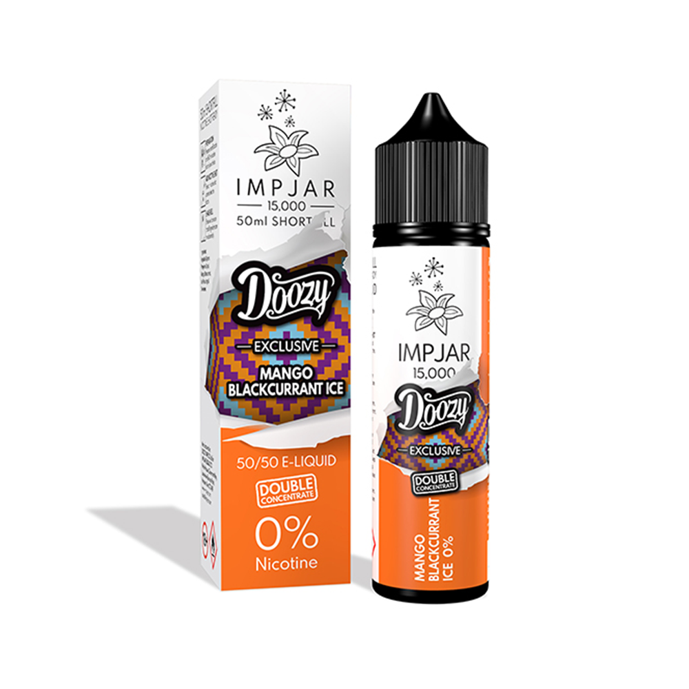 Doozy Vape Co. Imp Jar Mango Blackcurrant Ice e-liquid bottle and box, 50ml, 0% nicotine.