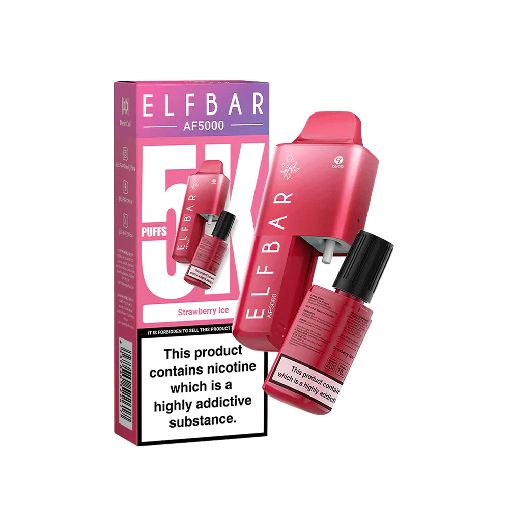 Elf Bar AF5000 Strawberry Ice vape, pink device with packaging, nicotine warning visible.