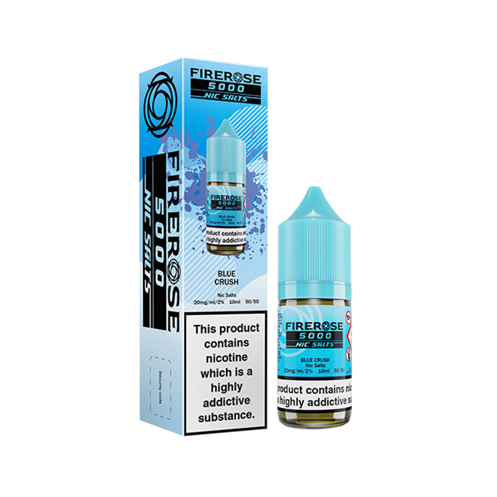 FireRose 5000 Nic Salts Blue Crush e-liquid bottle and box, 20mg nicotine strength.