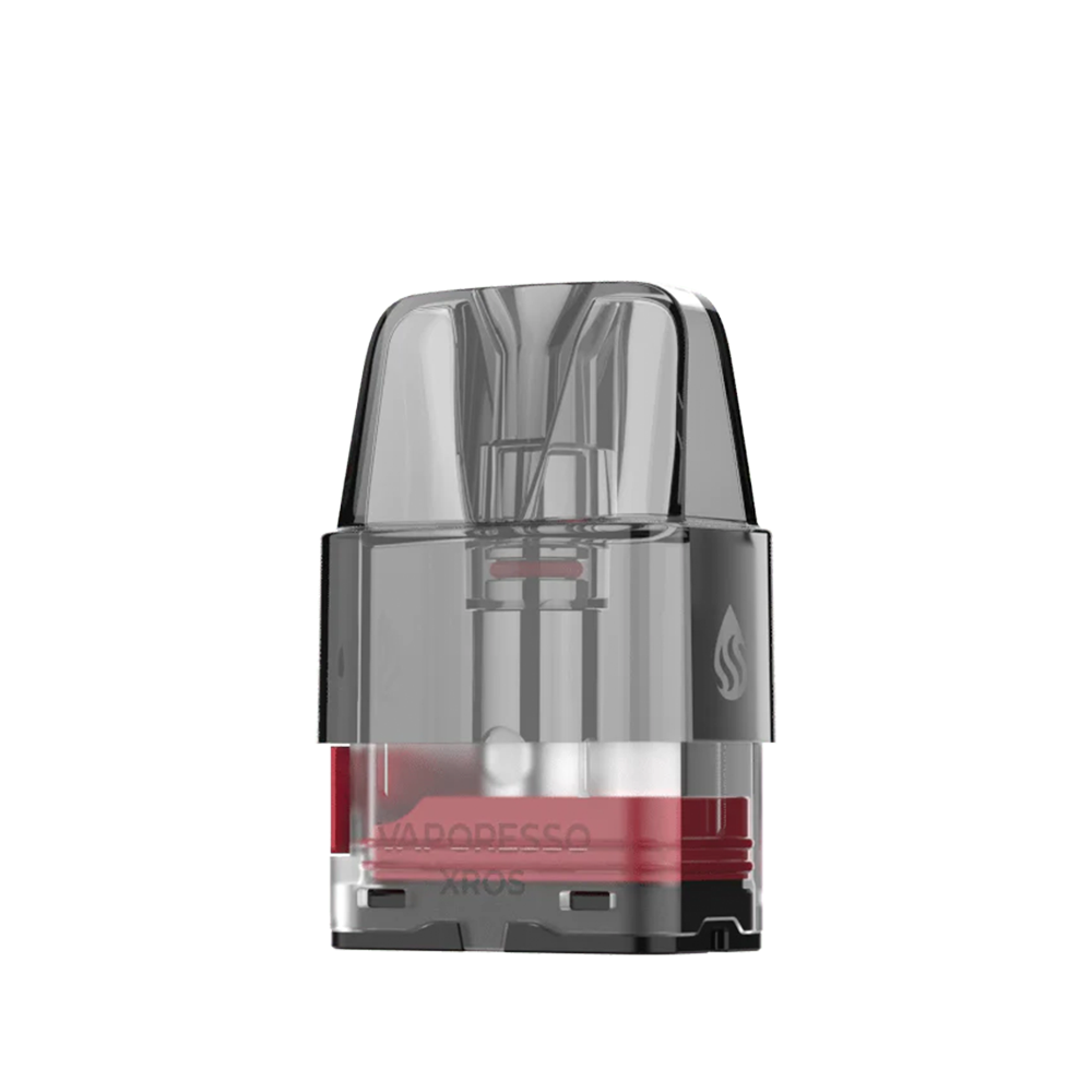 Vaporesso XROS pod cartridge, transparent with a red base, isolated on a white background.