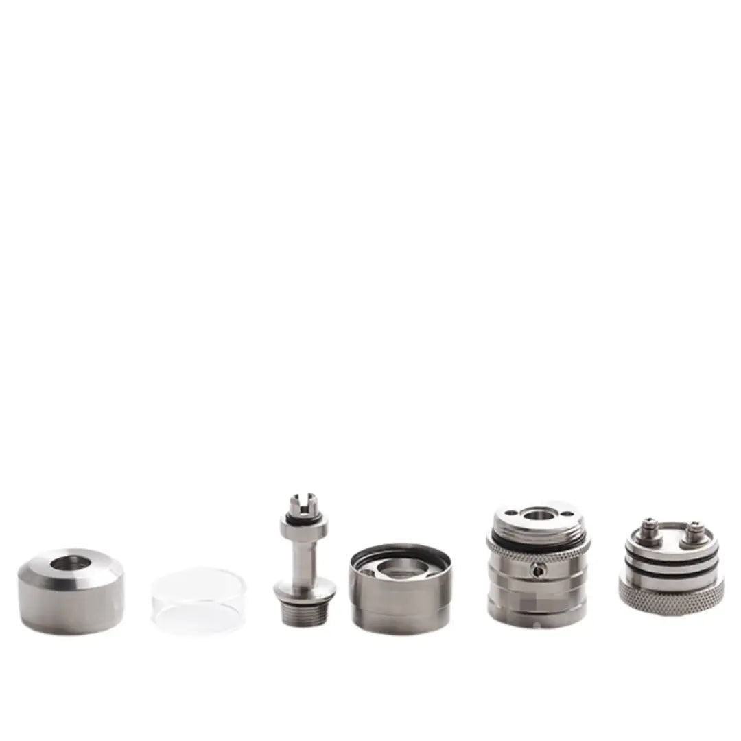 5AVape E-Vapor V4.5S style RTA disassembled, showing all metal and glass parts lined up.