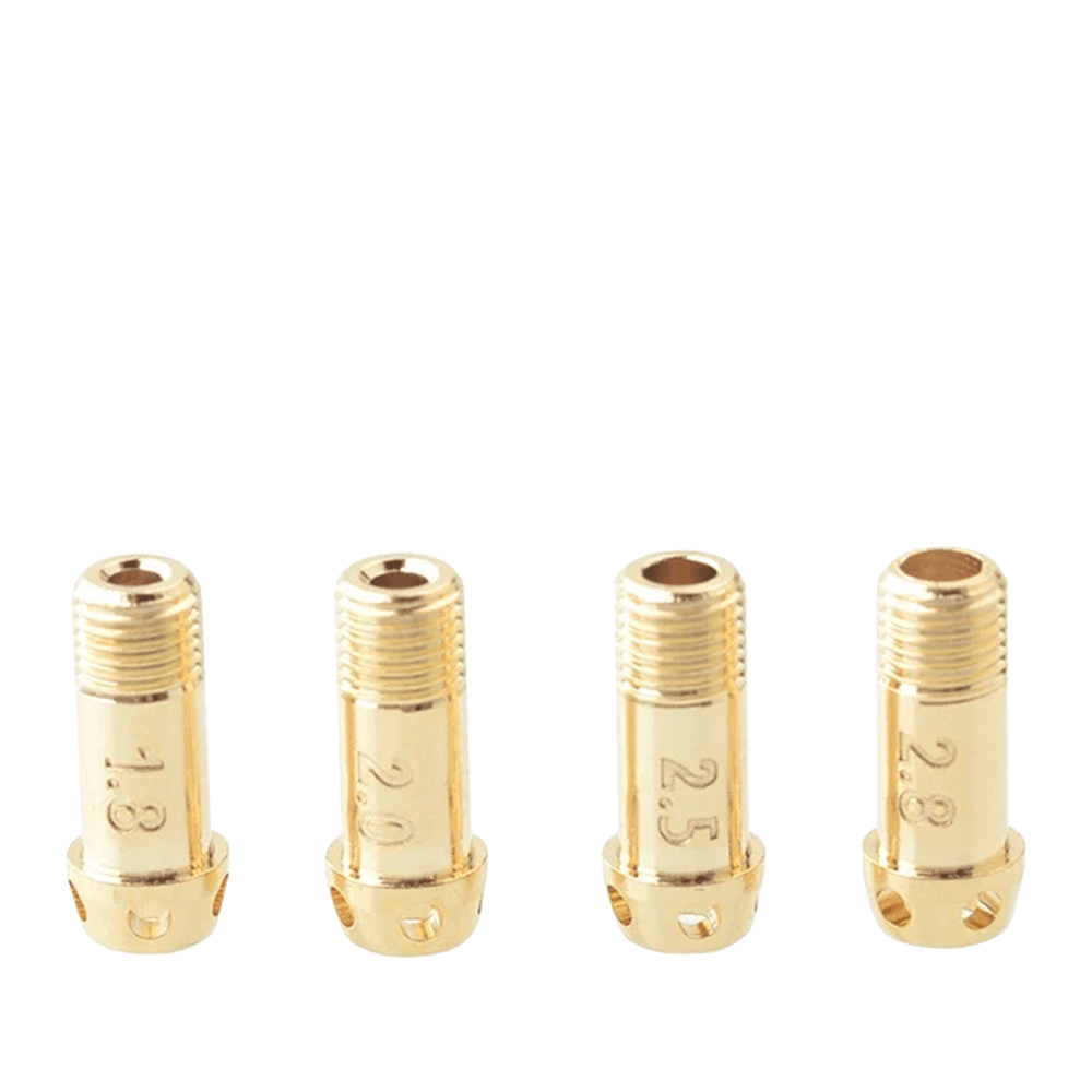 Four gold 5AVape EDD AMU Style RBA airflow pins, labelled 1.8, 2.0, 2.5, and 2.8.