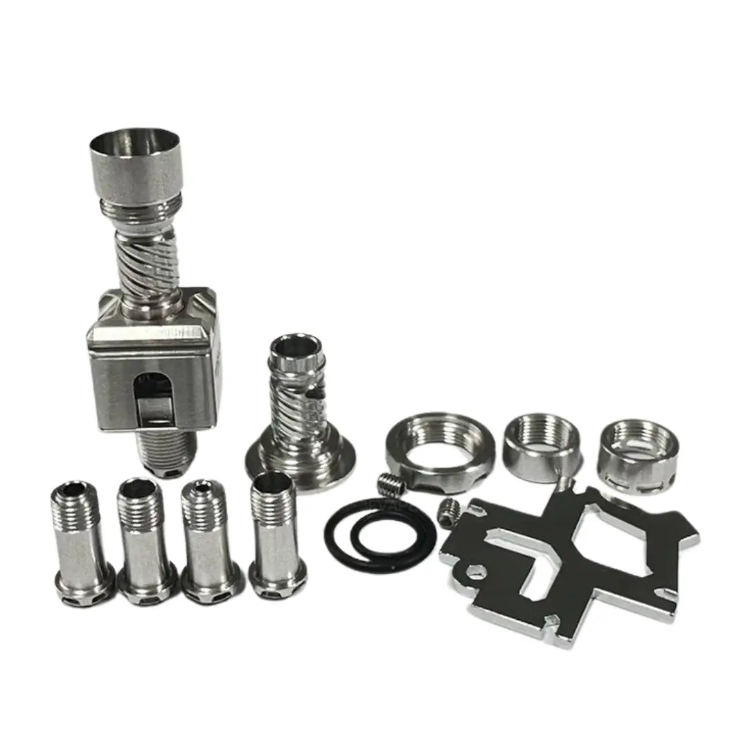 Complete set of the 5AVape Mission Astra Style RBA with all components displayed, including the stainless steel body, chimney parts, airflow pins, and additional accessories.