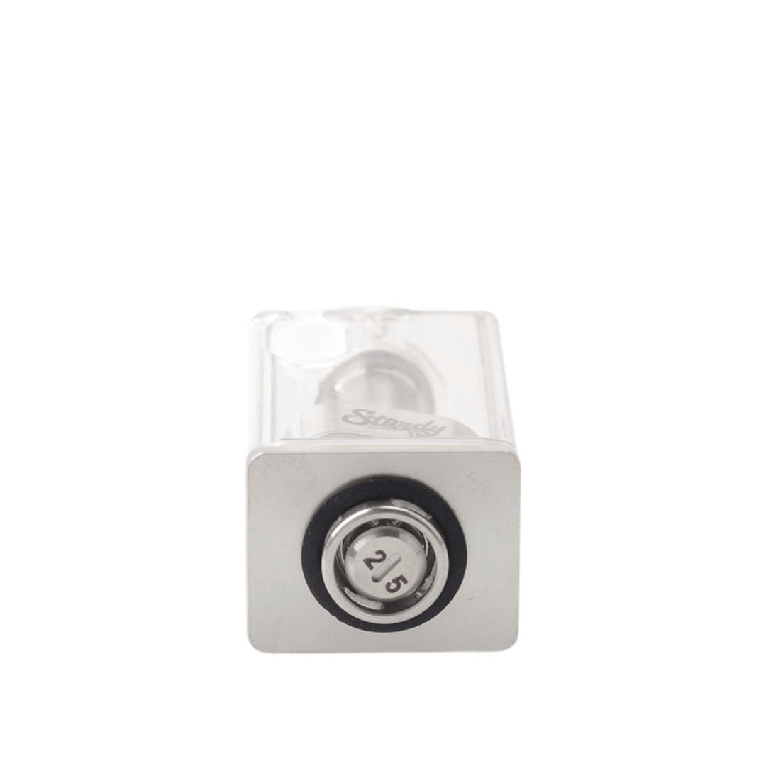 5AVape SturdyONE Style RBA, silver with 2.5mm marking, rectangular transparent design.